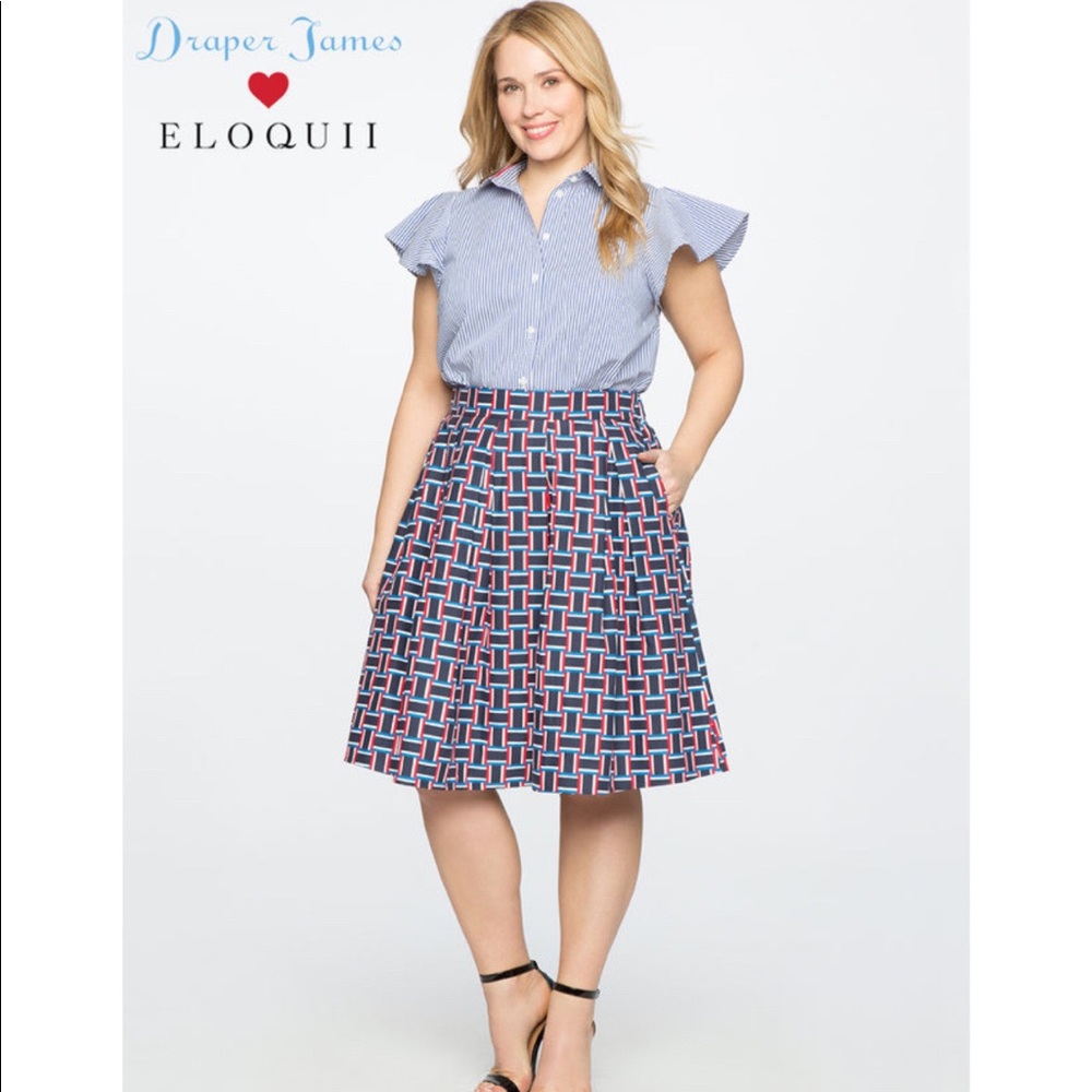 Eloquii/Draper James Blue/White Stripe Flutter Sleeve Button Down Top